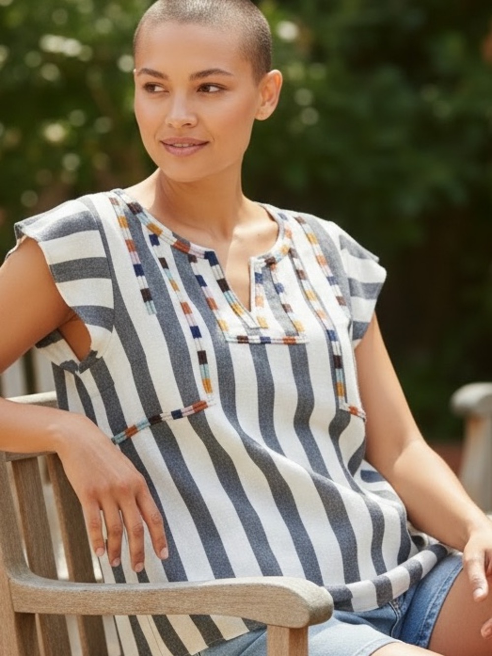 THML Vertical Stripe Embroidered Flutter Sleeve Tunic - Gray & White - Picture 2 of 6